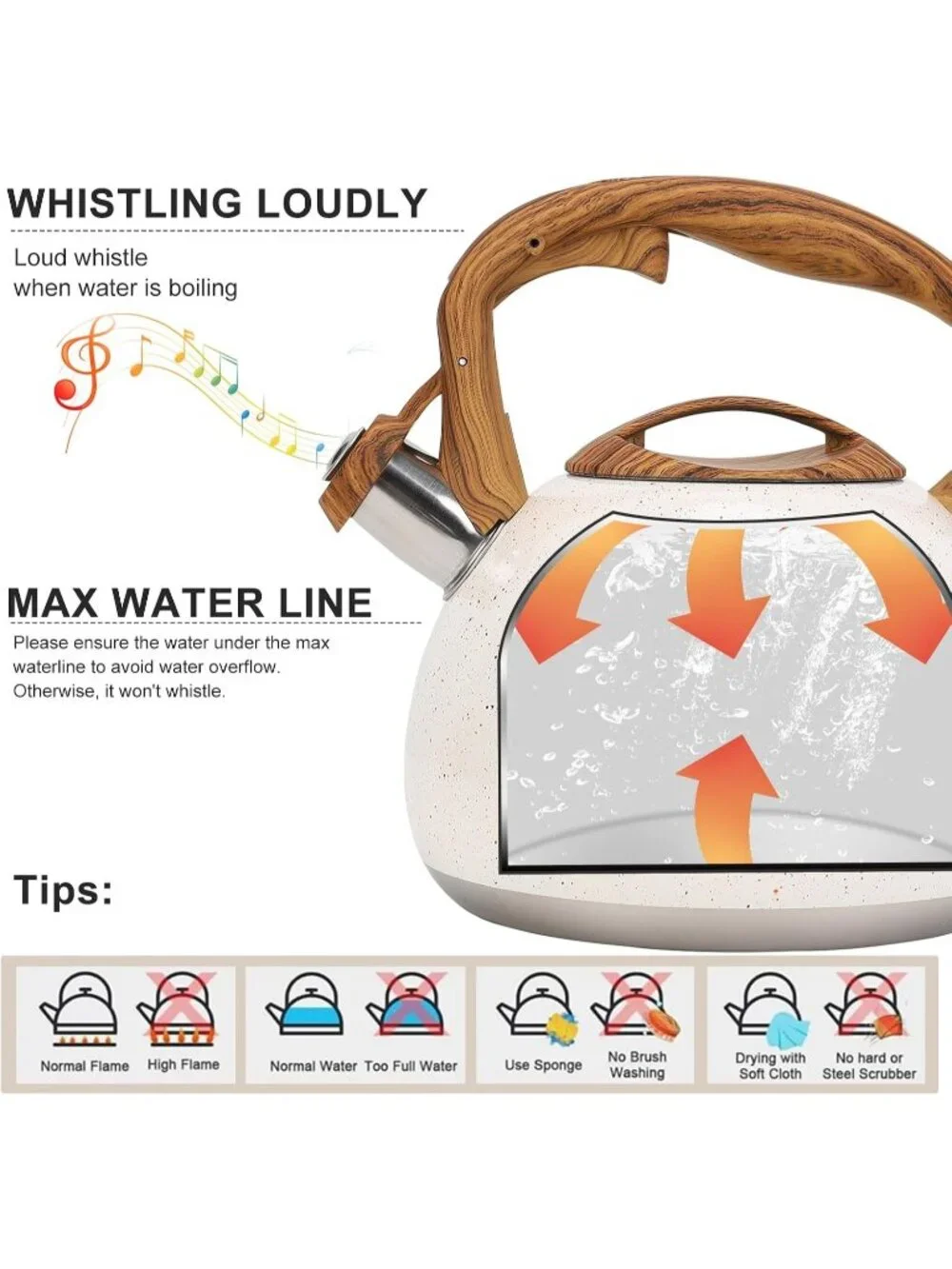 White Kitchen Whistling Tea Kettle 100 OZ / 3 L Stainless Steel Stovetop Teapot